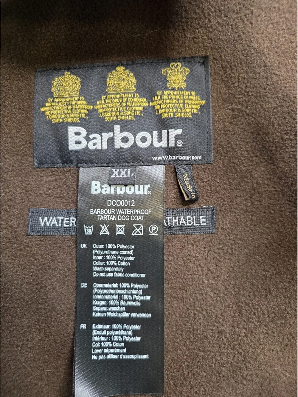 Barbour Waterproof Tartan Dog Coat Jacket XXL Classic DCO0012 Corduroy Collar EU